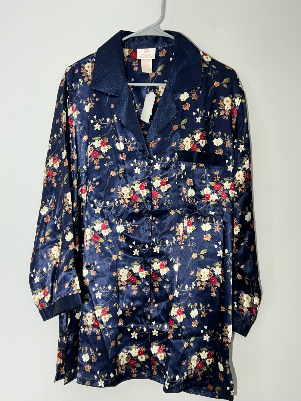 Chance Encounters Women's Floral Silky Button Front Pajama Top Navy Floral Sz 1X